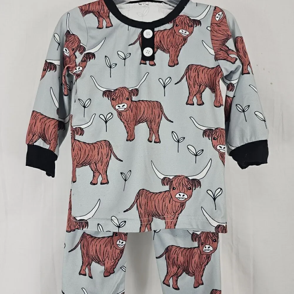 Highland Cow Pajama Blue/gray With Black Trim Brown Cow Print Pajama Set Size 92